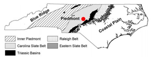 Glendon (red dot) within the Carolina Slate Belt of the Piedmont Terrain in central North Carolina.  Figure from Rogers (2006)