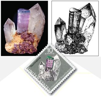 The Postage Stamp Tourmaline (upper left) and the stamp  depicting the famous specimen.  The designer benefitted from a pen and ink drawing (upper right) by Wendell Wilson  (editor the Mineralogical Record). 