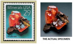 The Red Cloud wulfenite stamp of Sept., 17, 1992 was  designed by Leonard Buckley from the specimen that  remains on display at the Baird Auditorium of the Smithsonian. 