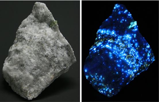 The piece above is shown in room light to the left and long wave on the right.  The main fluorescent responses are from the scapolite (bright yellow/ orange) and the analcime (blue).  The piece is a rough pyramid 8 inches on a side.