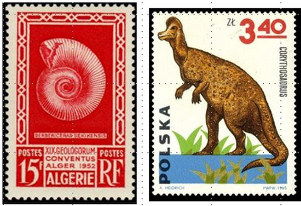 The first fossil stamp from Algeria and a Corythosaurus from an early set of dinosaur stamps issued by Poland.