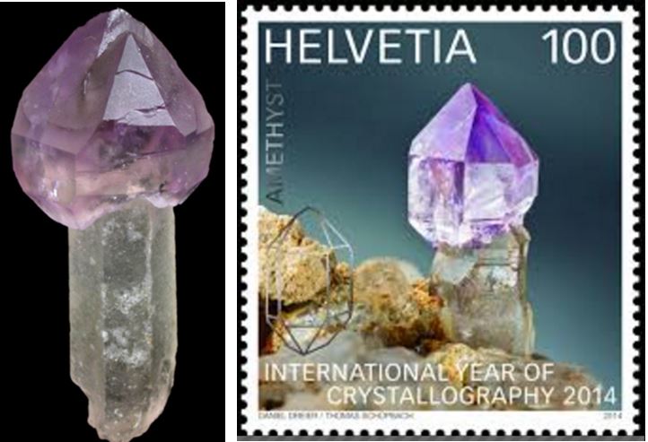 The piece on the left is almost 2” tall and is from John Betts online mineral museum.  Switzerland honored the International Year of Crystallography in 2014 by placing a very nice amethyst specter on a postage stamp.