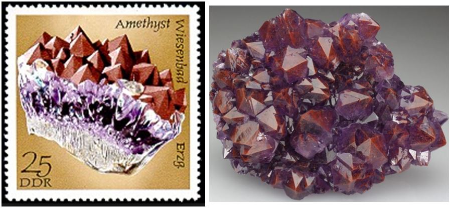 Combinations of red colored quartz with amethyst can be particularly appealing as shown by the piece on the 1982 Germany stamp.  The internal hematite in  the Thunder Bay, Ontario amethyst piece on the right imparts a reddish color to the otherwise purple mineral.
