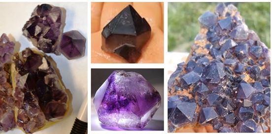 Virginia amethyst: Linda Schmidtgall dug the pieces in the left picture on a March 2014 WCGMC trip.  Those depicted in the center and the right are from Mindat and Youtube videos on the location, respectively.  
