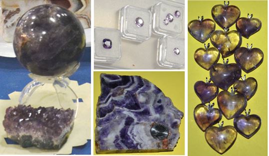 WCGMC has quite a collection of lapidary amethyst.  The sphere on the left was awarded to a lucky raffle winner at GemFest 2015.  Ed Smith has faceted some gems (upper middle) and someone will get a chance to carve up polished sections from the layered amethyst vein (lower middle).  Purple hearts on the right only lack a jewelry chain. 