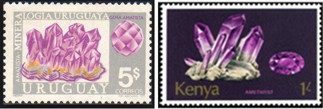 Amethyst has been a favorite for countries issuing mineral stamps.  Uruguay and Kenya issued amethyst stamps in 1971 and 1974 respectively.