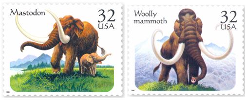 In 1996, the United States featured the two extinct Proboscidea mammals in a set of four stamps.  