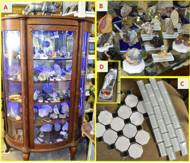 WCGMC workshop has a new display case with some creative twists.  A. cabinet with blue LED chain lights,      B.  minerals mounted on mosaic tiles, C. hexagonal and rectangular mounting tiles,  D.  Yep, just a squeezable tube of good old “shoe-goo”