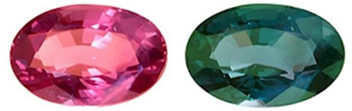 Very fine alexandrite gemstone under different light conditions, on the left the stone is exposed to incandescent light, on the right the same stone is shown under daylight conditions.