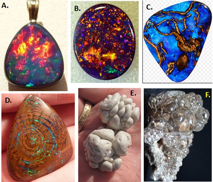 There are not as many varities of opal as there are agate, but the nature of the occurrence and the color produced have led to several widely accepted types.  A. Fire opal from Ethiopia displaying a lot of orange and red.  B. Black opal cabachon from Australia where the host opal is quite opaque.  C. Boulder opal, often blue and where the matrix material remains.  D. Wood opal, the texture of the petfried wood is readily apparent.  E. Geyserite, from Upper Geyser Basin in Yellowstone National Park owes its name to its origin.  F. Hyalite, a glassy form of opal with low water content (3-6%).