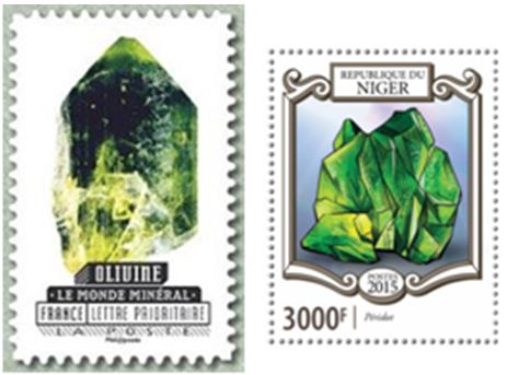 France and Niger have featured olivine and peridot on recent stamps.  The French issue is part of a ten stamp mineral set issued earlier in 2016.