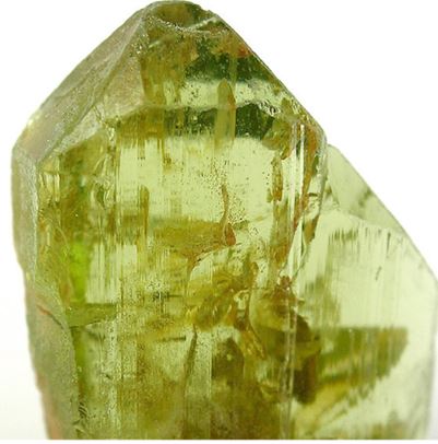 Egyptian peridot:  The color, termination style and inclusion style of this 1.5 cm tall peridot identifies it as being from St. John’s Island in the Red Sea.  Photo from Wikipedia common