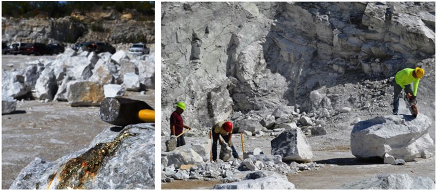 A boulder with a large streak of pyrite was spotted on the quarry floor.  Naturally Ken St. John (in yellow with the saw) was not about to leave that behind.  Bill Chapman and Craig Stephens are busy with their big hammers at a safe distance from Ken. 