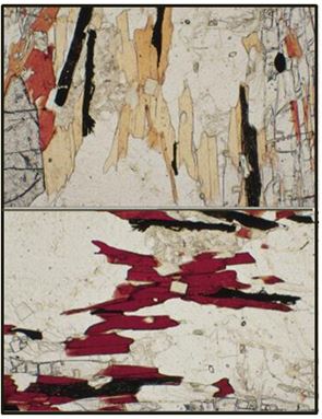 Two views of the same thin section under plane polarized light, but rotated 90 degrees.  The brown grains are biotite and show strong pleochroism.  The clear minerals in between are a combination of quartz and plagioclase, neither of which exhibits pleochroism.