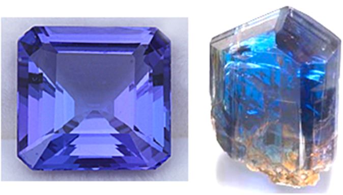 Tanzanite:  On the left, a 4.03 ct Asschur cut gemstone.  On the right, a natural raw terminated tanzanite   crystal.  Which would you prefer? 