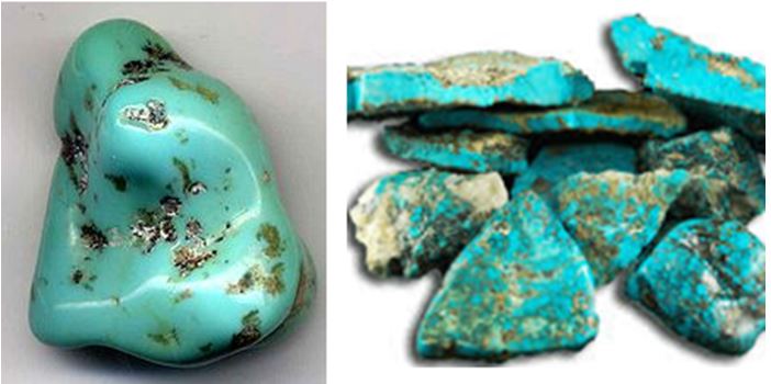 Turquoise:  With a hardness of 5-6, turquoise is somewhat durable, but soft enough to polish easily.  The raw vein style turquoise on the right is from Morenci, Arizona.