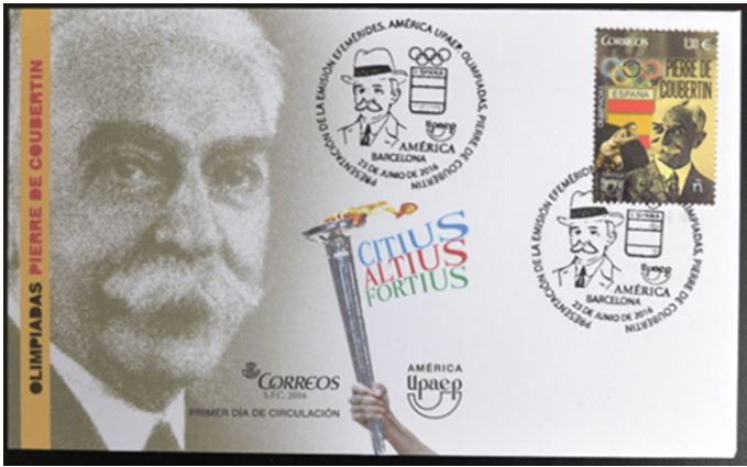 Pierre de Coubertin:   One of several First Day covers Carl acquired for the June 2016 Spain issue. 