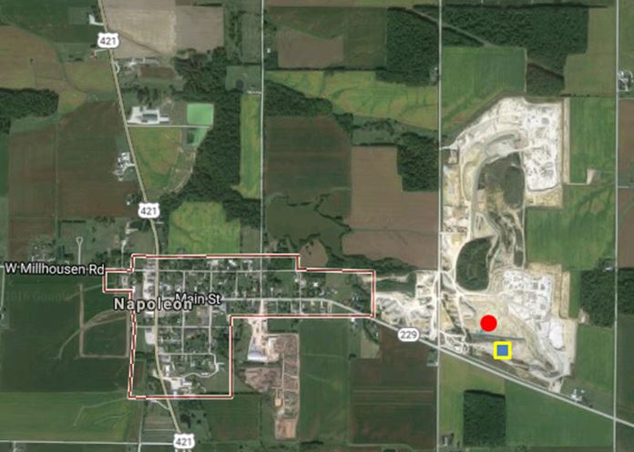 An aerial view of the Napoleon Quarry just ½ mile east of the town center.  The cover photo above was taken from the red circle towards the south.