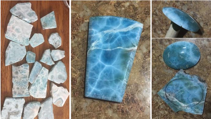 Raw, cut larimar (left) and some polished pieces.  All prepped at the WCGMC workshop in December. Specimen and photos by Robert Webster, extracted from his post to the Wayne County Gem and Mineral Club  Facebook group site. 