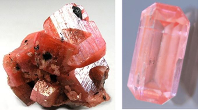Both the miniature serandite specimen on the left (4 cm across) and the 6.6 mm (0.45 ct) rectangular step cut gem on the right are from the famous mining and mineral collecting Mont Saint Hilaire District in Quebec.
